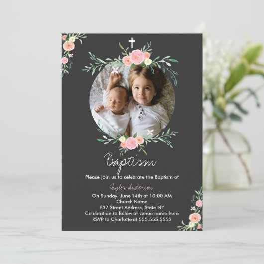  foto Bloemenkrans doop uitnodiging (Staand voorkant)