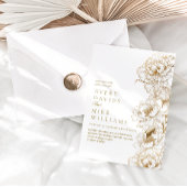 Foto Bloemenpioenen wit gouden elegante bruiloft Kaart