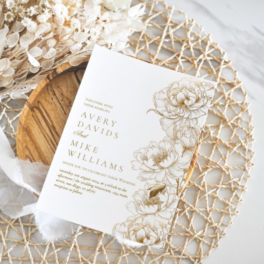 Foto Bloemenpioenen wit gouden elegante bruiloft Kaart