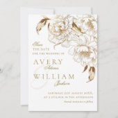 Foto Bloemenpioenen wit gouden elegante bruiloft Save The Date (Voorkant)