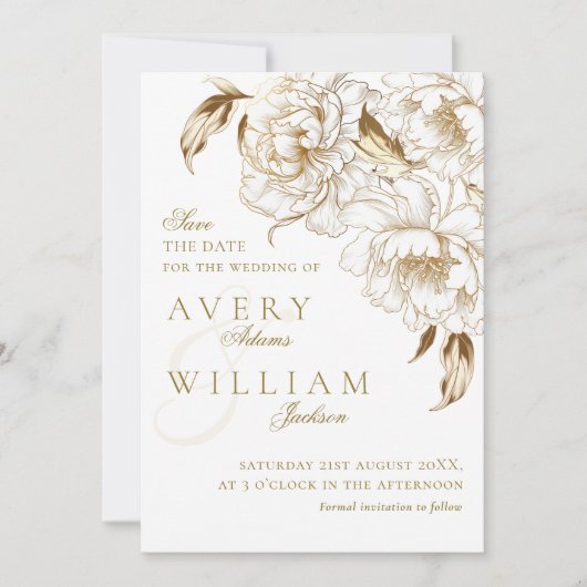 Foto Bloemenpioenen wit gouden elegante bruiloft Save The Date (Voorkant)