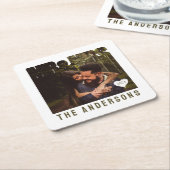 Foto Blok Hart Jubileum Naam Mijn en Mevrouw Kartonnen Onderzetters (Schuin)