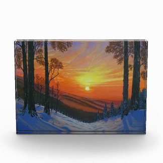 Foto Blok - "Zonsondergang Over Besneeuwd Bos"