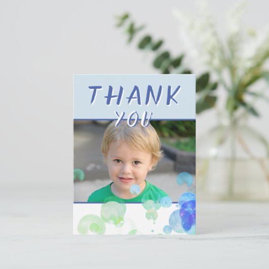 Foto Blue Bubbles kinderen Birthday Party Dank je Briefkaart (Staand voorkant)