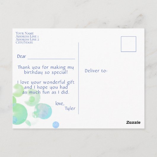 Foto Blue Bubbles kinderen Birthday Party Dank je Briefkaart (Achterkant)