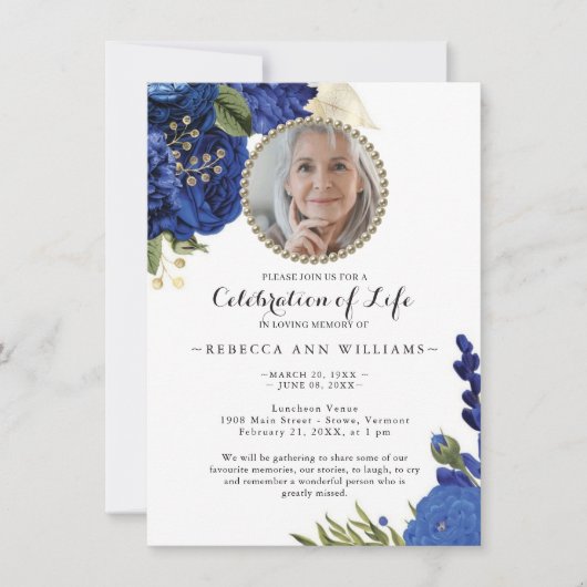 Foto Blue Floral Budget Celebration of Life Kaart (Voorkant)