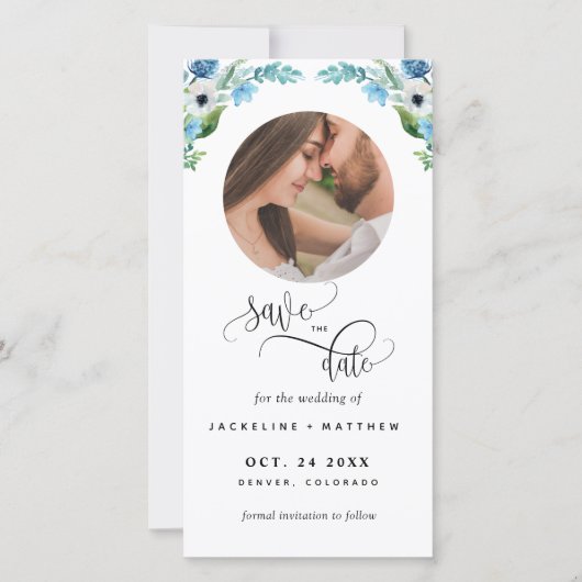 Foto, Blue Floral Wedding Save the Date Bladwijzer (Voorkant)