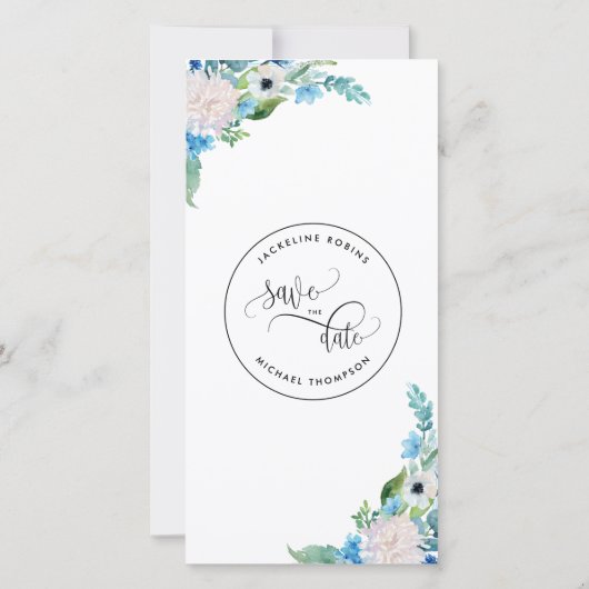 Foto, Blue Floral Wedding Save the Date Bladwijzer (Achterkant)