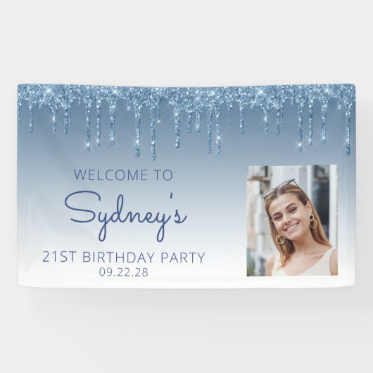 Foto Blue Glitter Drip 21st Birthday Banner (Horizontaal)