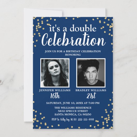 Foto Blue Gold Double Birthday Invitation Kaart (Voorkant)