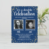 Foto Blue Gold Double Birthday Invitation Kaart (Staand voorkant)