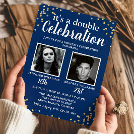 Foto Blue Gold Double Birthday Invitation Kaart