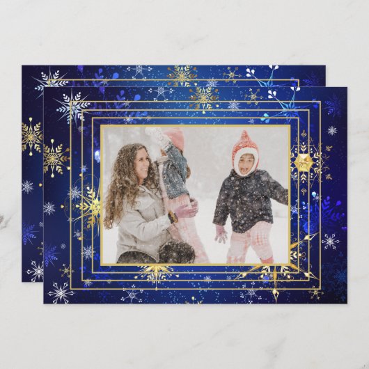 Foto Blue Gold Snowflake Xmas kerstfeestdag Feestdagenkaart (Voorkant / Achterkant)