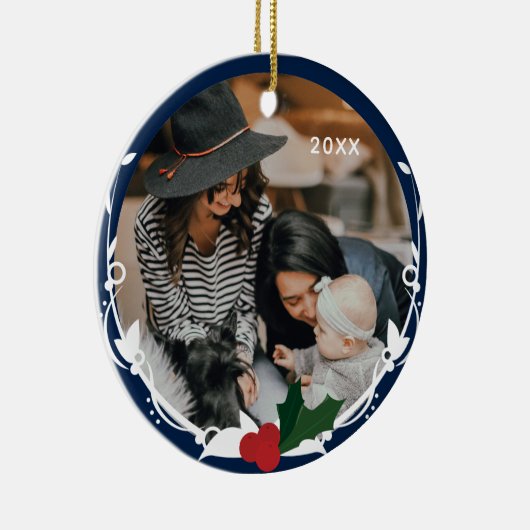 Foto Blue Holly Kerstmis Keramisch Ornament (Rechts)