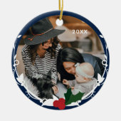 Foto Blue Holly Kerstmis Keramisch Ornament (Voorkant)