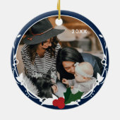 Foto Blue Holly Kerstmis Keramisch Ornament (Achterkant)
