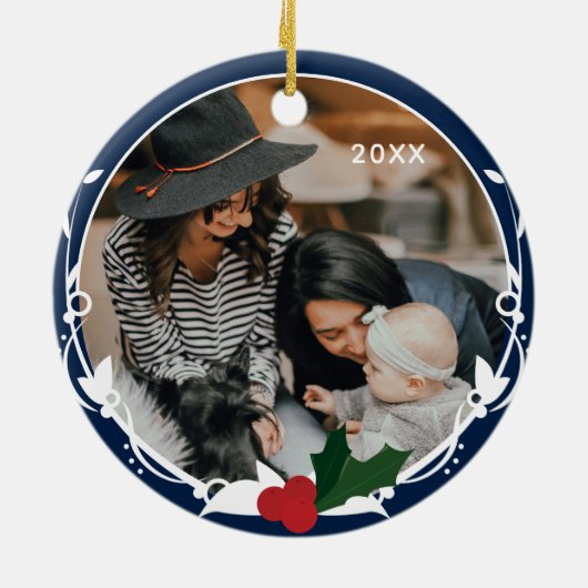 Foto Blue Holly Kerstmis Keramisch Ornament (Achterkant)