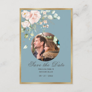 Foto Blue Pink Floral Waterverf Wedding Save The Date