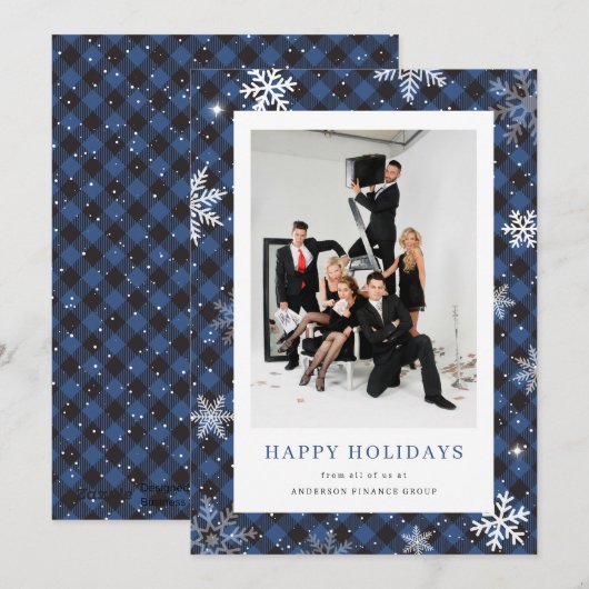Foto Blue Plaid Snowflake Corporate Business Feestdagenkaart (Voorkant / Achterkant)