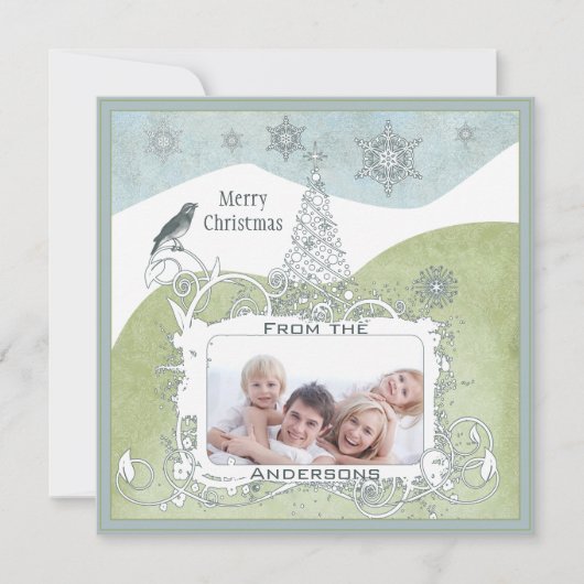 Foto Blue Snowflake Kerstboom Schattige Bird Feestdagenkaart (Voorkant)