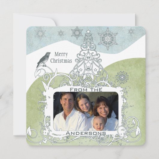 Foto Blue Snowflake Kerstboom Schattige Bird Feestdagenkaart (Voorkant)