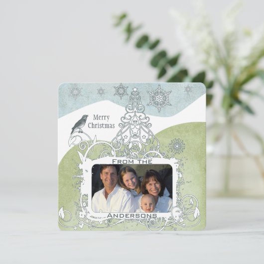 Foto Blue Snowflake Kerstboom Schattige Bird Feestdagenkaart (Staand voorkant)