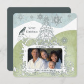 Foto Blue Snowflake Kerstboom Schattige Bird Feestdagenkaart (Voorkant / Achterkant)