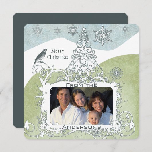 Foto Blue Snowflake Kerstboom Schattige Bird Feestdagenkaart (Voorkant / Achterkant)