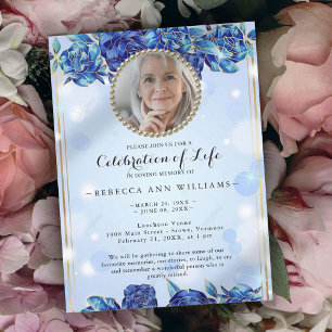 Foto Blue Sparkly Floral Gold Celebration of Life Kaart