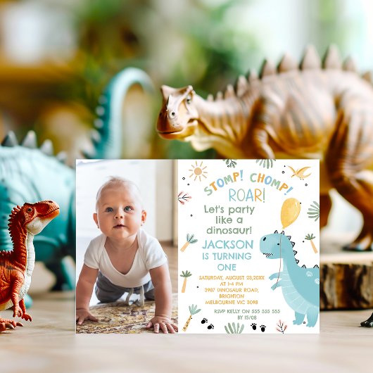 Foto Blue Stomp Chomp Roar Dinosaur 1st Birthday Kaart