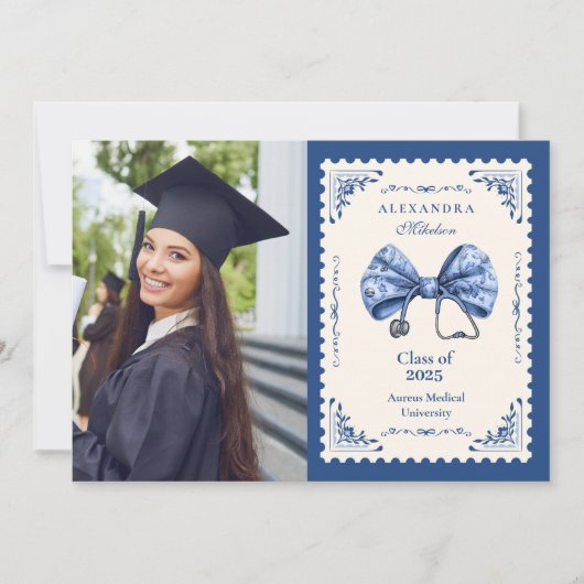 Foto Blue Toile Bow Nursing School Afstuderen Aankondiging (Voorkant)