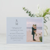 Foto Blue White Monogram Weddenschap Kaart (Staand voorkant)