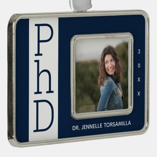 Foto Blue White PhD Afstuderen kerstversiering Verzilverd Omlijst Ornament (Rechts)