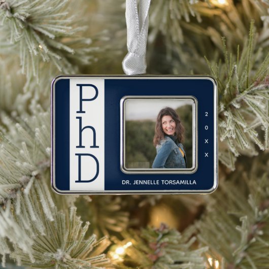 Foto Blue White PhD Afstuderen kerstversiering Verzilverd Omlijst Ornament (Boom)