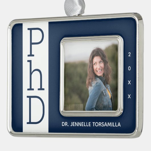 Foto Blue White PhD Afstuderen kerstversiering Verzilverd Omlijst Ornament (Links)