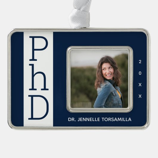 Foto Blue White PhD Afstuderen kerstversiering Verzilverd Omlijst Ornament (Voorkant)