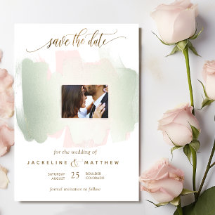 Foto Blush and Sage Brush Strokes Minimal Wedding Save The Date