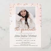 Foto Blush Pink Waterverf Graduparty Folie Uitnodiging (Voorkant)