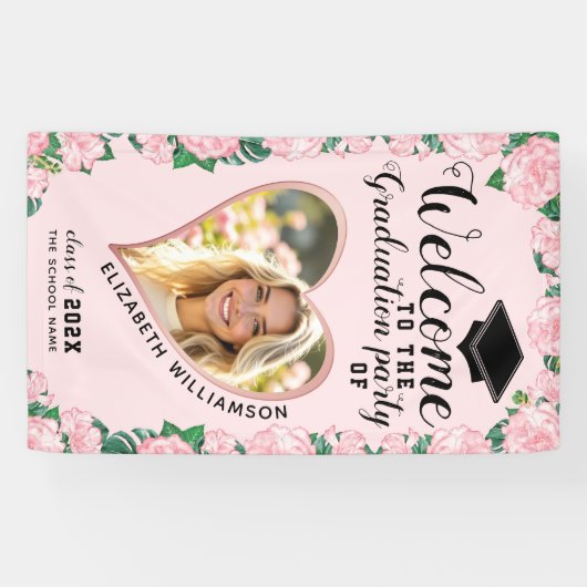 Foto Blush Roze Bloemen Girly Afstuderen Welkom Spandoek (Horizontaal)