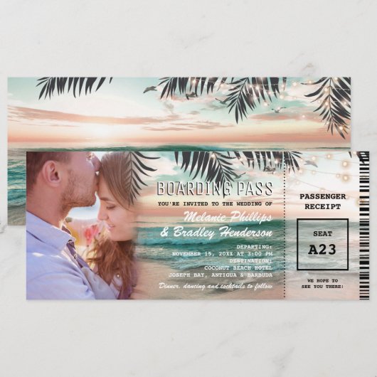 Foto: Boarding Pass Tropical Beach Weduwen Kaart (Voorkant / Achterkant)