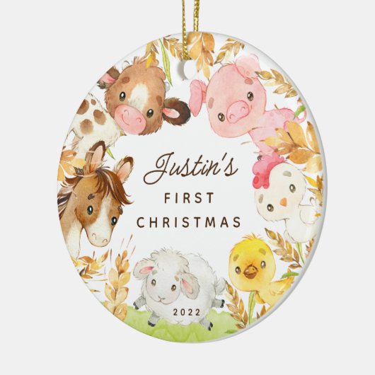 Foto Boerderij Friends Baby's Eerste Kerstmis Keramisch Ornament (Links)