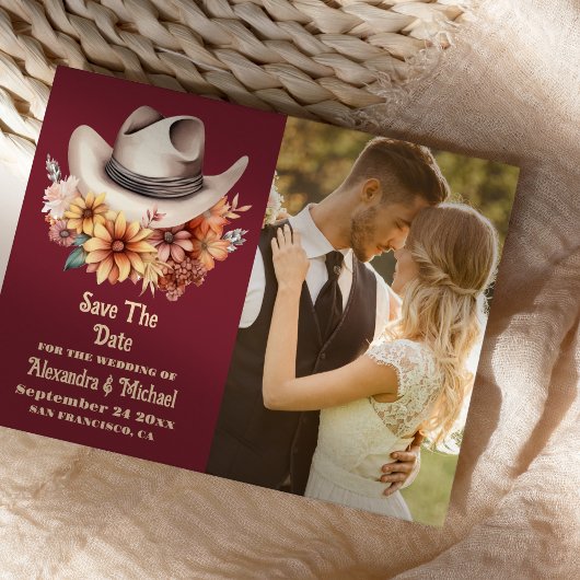 Foto Boho Bloemige Westerse Huwelijk Save The Date