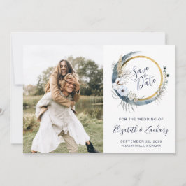 Foto Boho Blue Floral Moon Lijst Save the Date Kaart