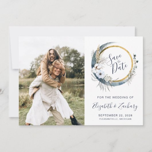 Foto Boho Blue Floral Moon Lijst Save the Date Kaart (Voorkant)