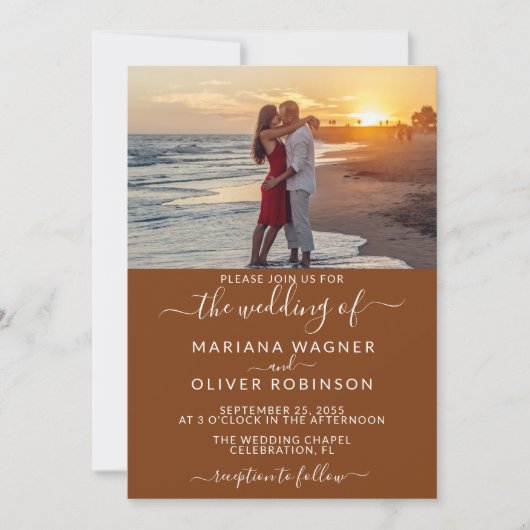 Foto Boho Brown Elegant Script Wedding Kaart (Voorkant)