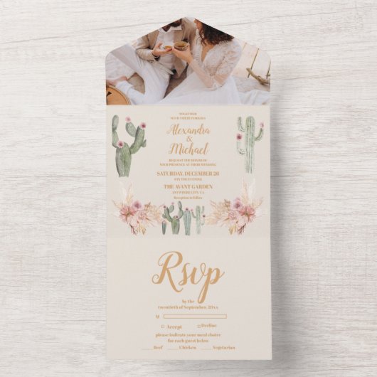Foto Boho Desert Cactus Bruiloft All In One Uitnodiging (Binnen)