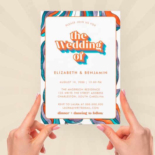 Foto Boho Groovy Retro Blue QR code golvende bruil Kaart