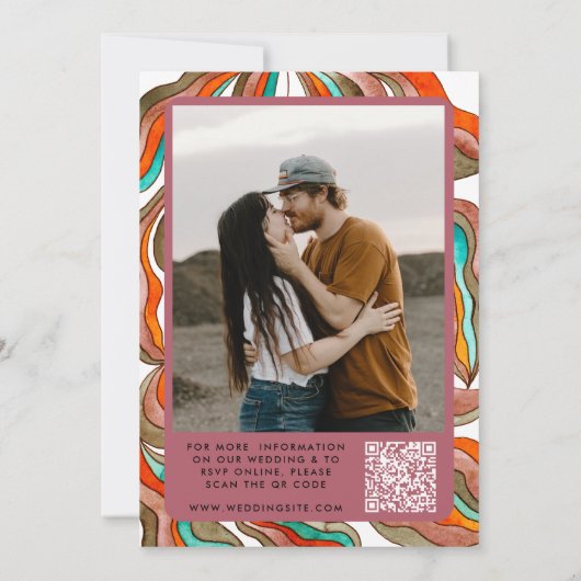 Foto Boho Groovy Retro QR Code Roze Golvende Bruil Kaart (Achterkant)