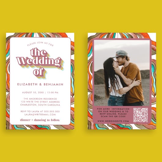 Foto Boho Groovy Retro QR Code Roze Golvende Bruil Kaart