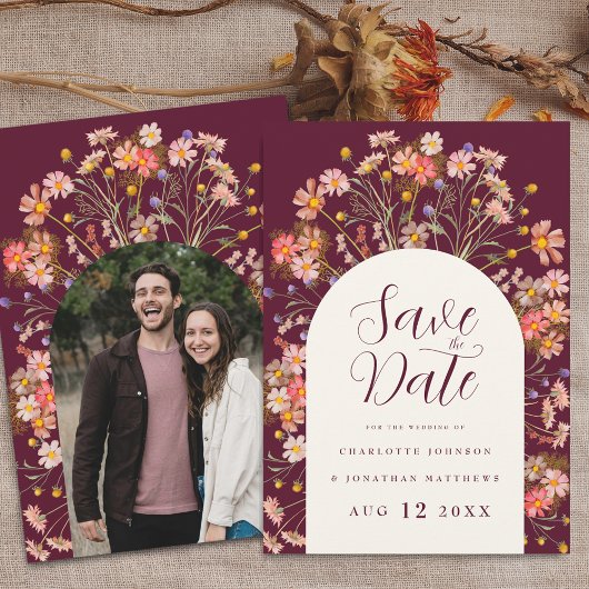 Foto Boho herfst rustieke wilde bloemen bruiloft Save The Date